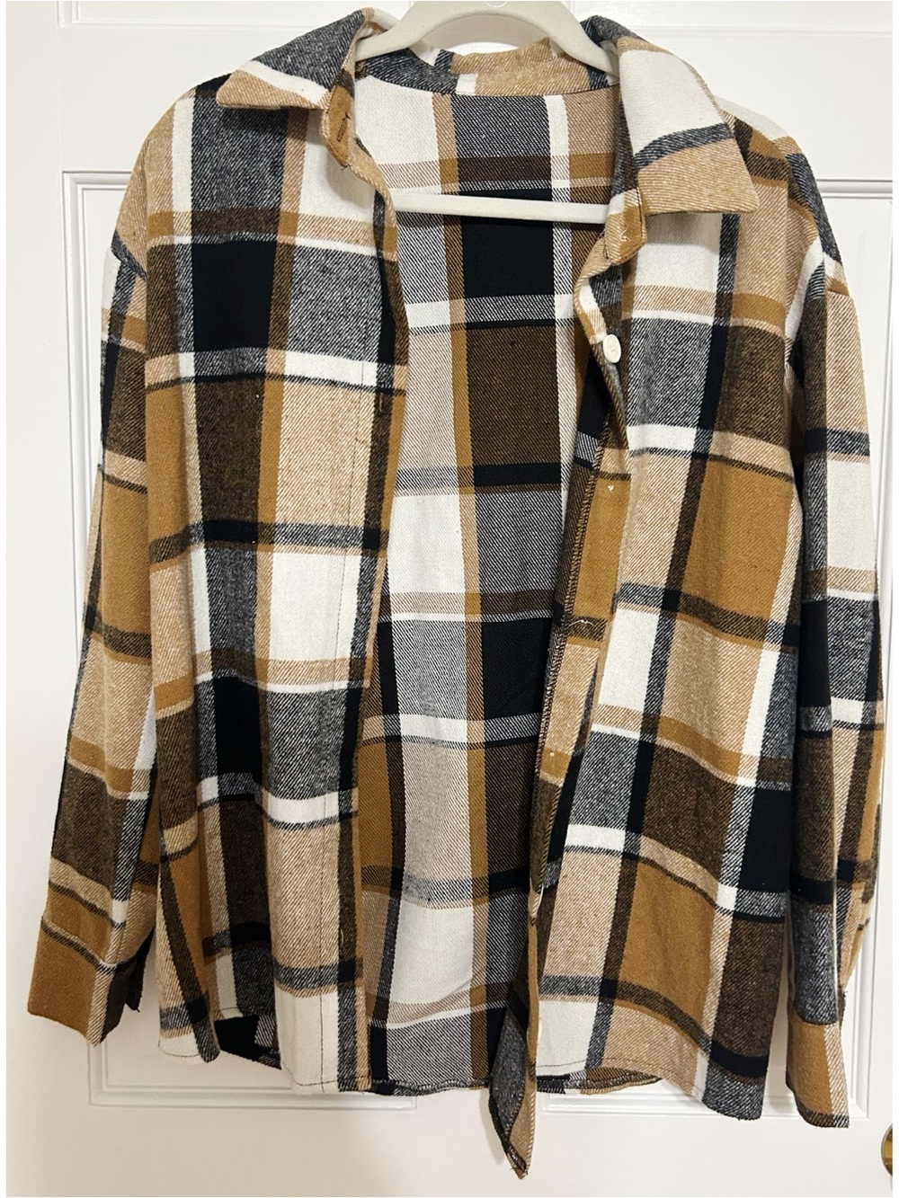 Cozy Plaid Button-Up Shacket in Camel, Black & Cream